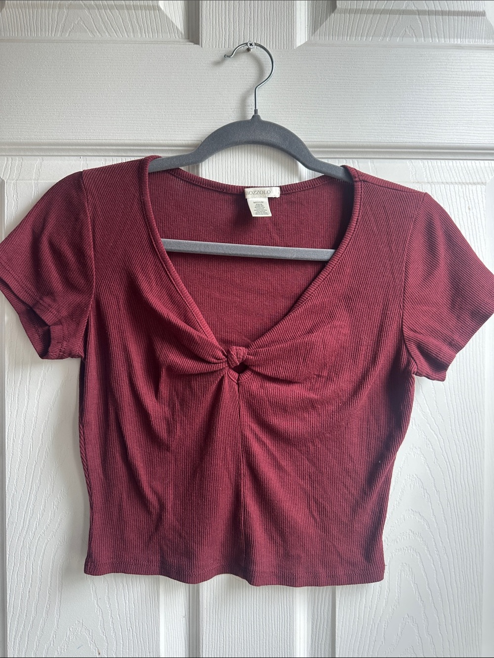 Knot Front Ribbed Crop Top - Burgundy